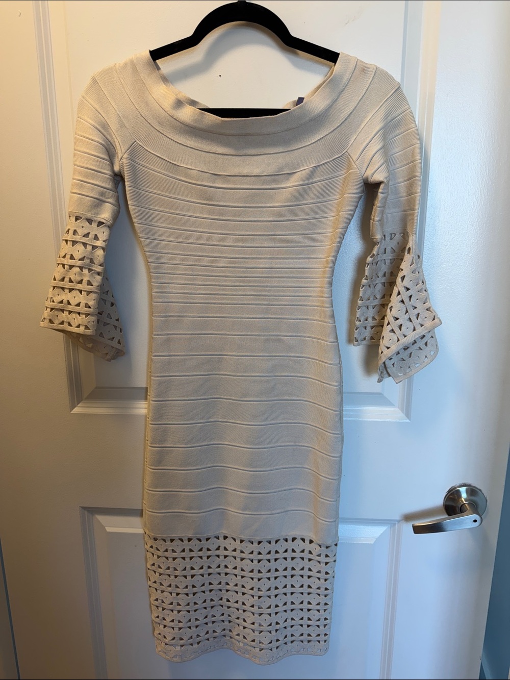 Herve Leger Cream Laser-Cut Sleeve & Hem Midi Dress